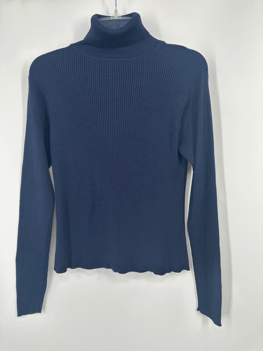 100% Silk Ribbed Navy Turtleneck Women's Top